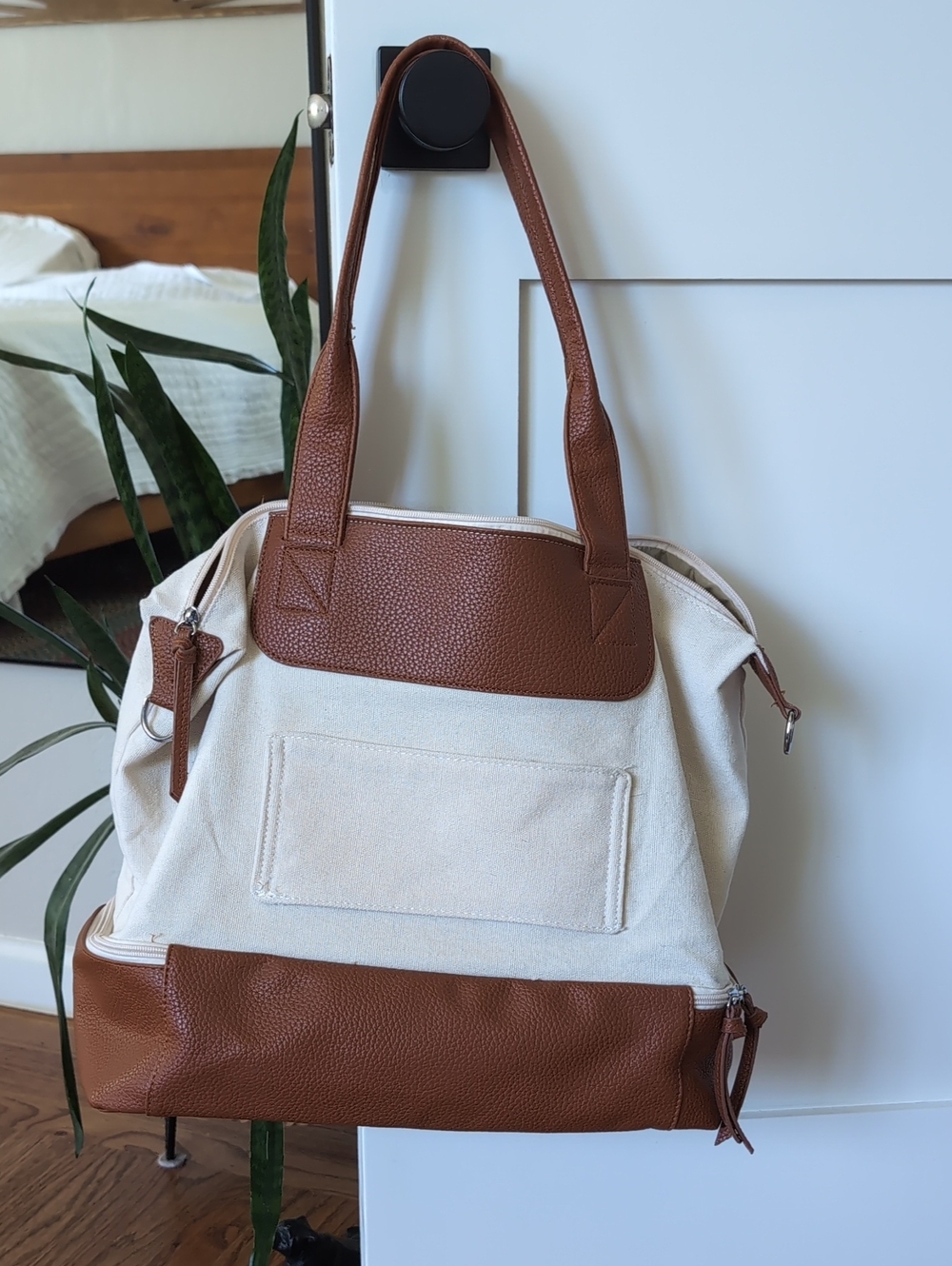 Graf Lantz Cream Canvas Weekender Bag with Brown Vegan Leather Trim